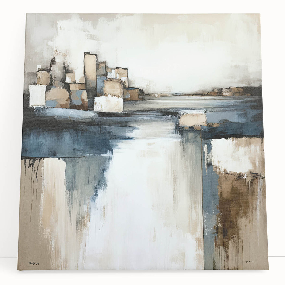 Abstract architectural wall art on stretched canvas, showcasing vibrant colors and geometric designs, leaning against a neutral wall, perfect for modern decor.