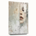 Abstract figurative wall art displayed in a side view, featuring vibrant colors and unique shapes, mounted with pins on an acrylic glass background, perfect for modern decor.