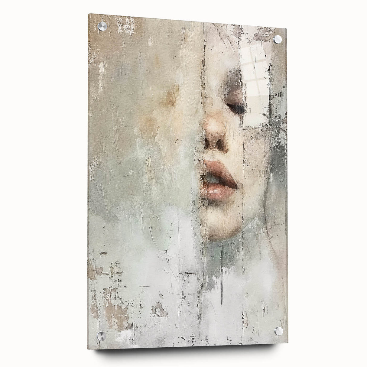 Abstract figurative wall art displayed in a side view, featuring vibrant colors and unique shapes, mounted with pins on an acrylic glass background, perfect for modern decor.