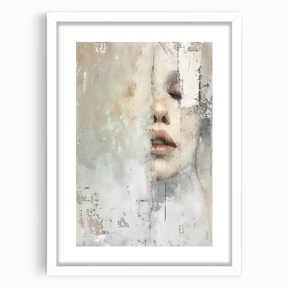 Abstract figurative wall art framed in a sleek white mat, showcasing vibrant colors and dynamic shapes, perfect for modern interior decor.
