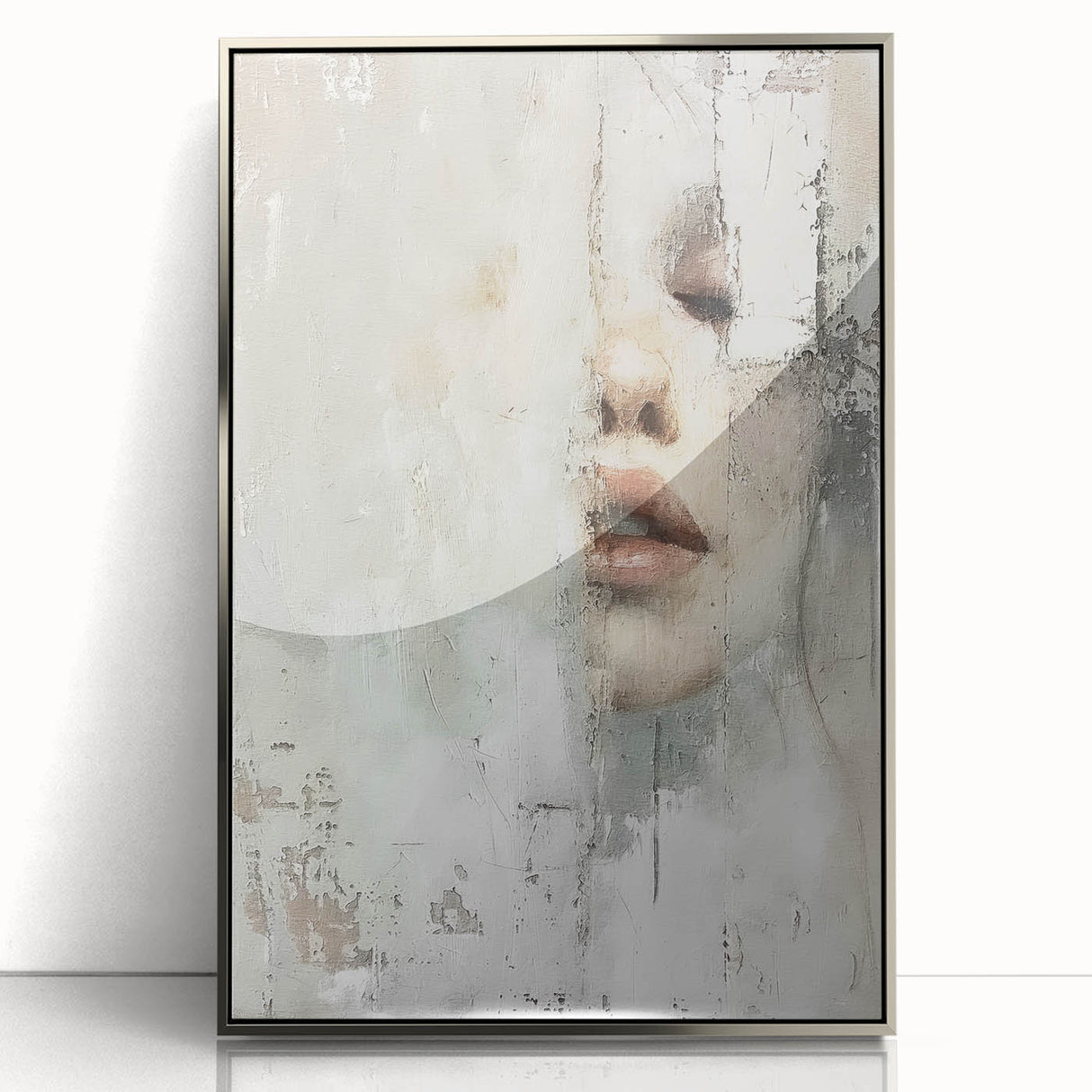 Framed abstract figurative wall art in silver acrylic, featuring dynamic shapes and colors, perfect for modern home decor and artistic expression.
