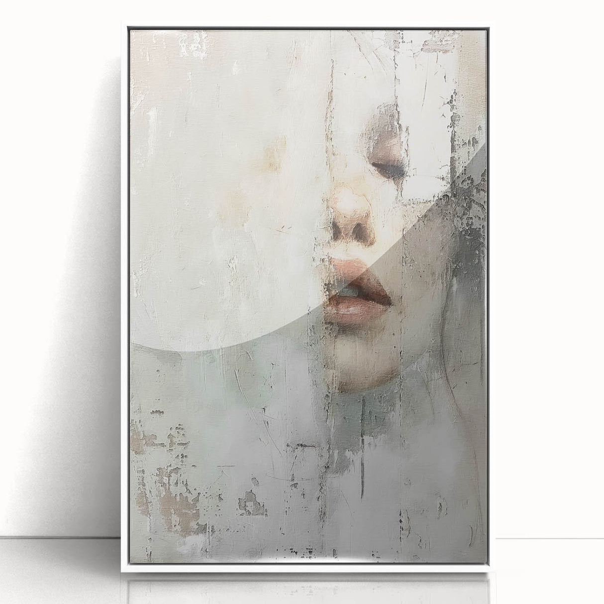 Abstract figurative wall art framed in white acrylic, showcasing vibrant colors and dynamic shapes, perfect for modern home decor or gallery displays.