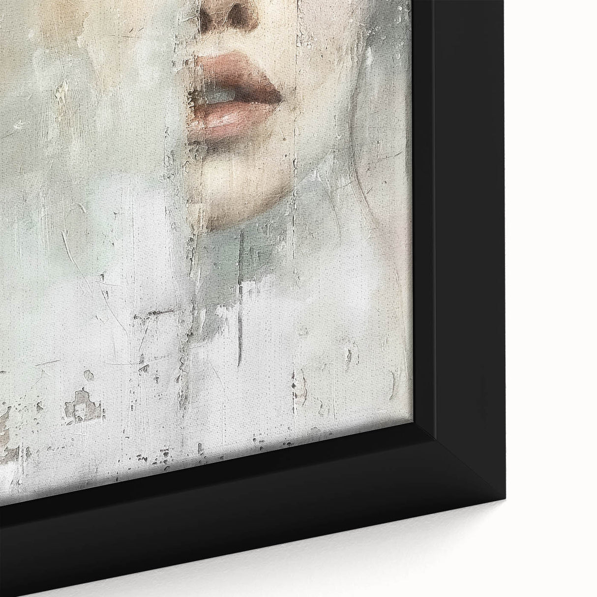 Close-up of framed abstract figurative wall art featuring vibrant colors and intricate details, perfect for modern home decor and artistic expression.