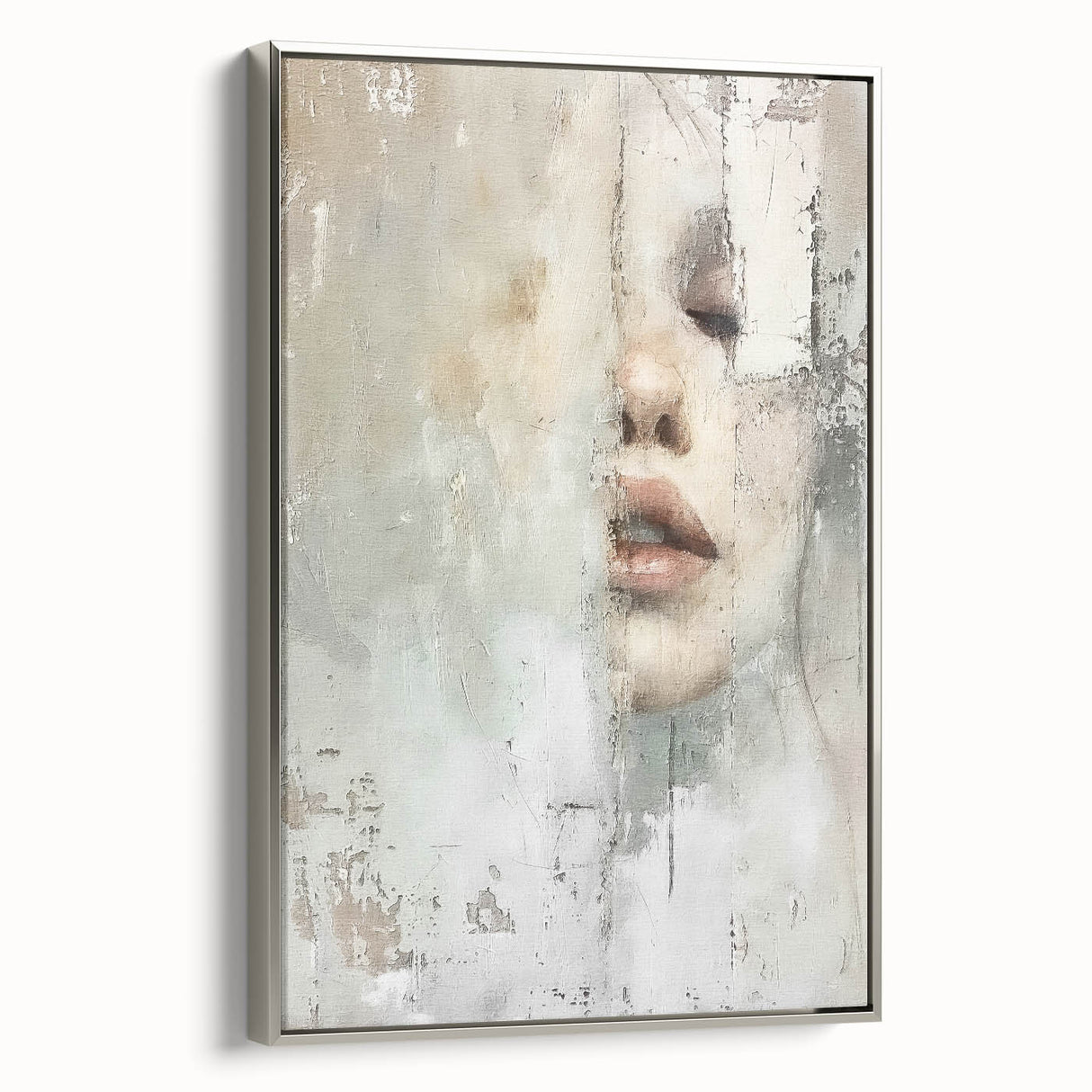 Framed abstract figurative wall art in silver, showcasing a modern design with soft curves and vibrant colors, ideal for contemporary decor in living spaces.