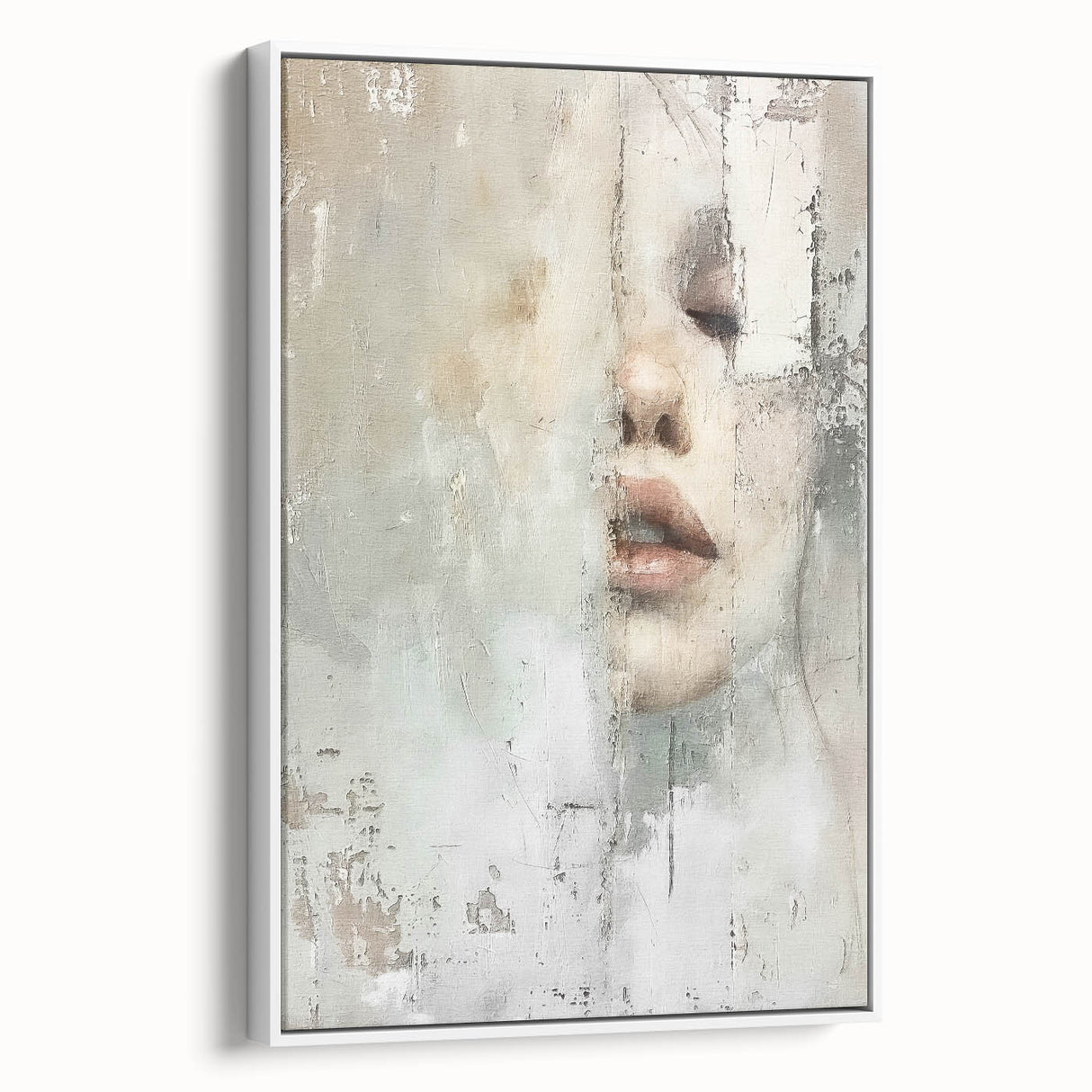 Framed abstract figurative wall art in a contemporary white frame, showcasing vibrant colors and dynamic shapes, ideal for modern home decor.