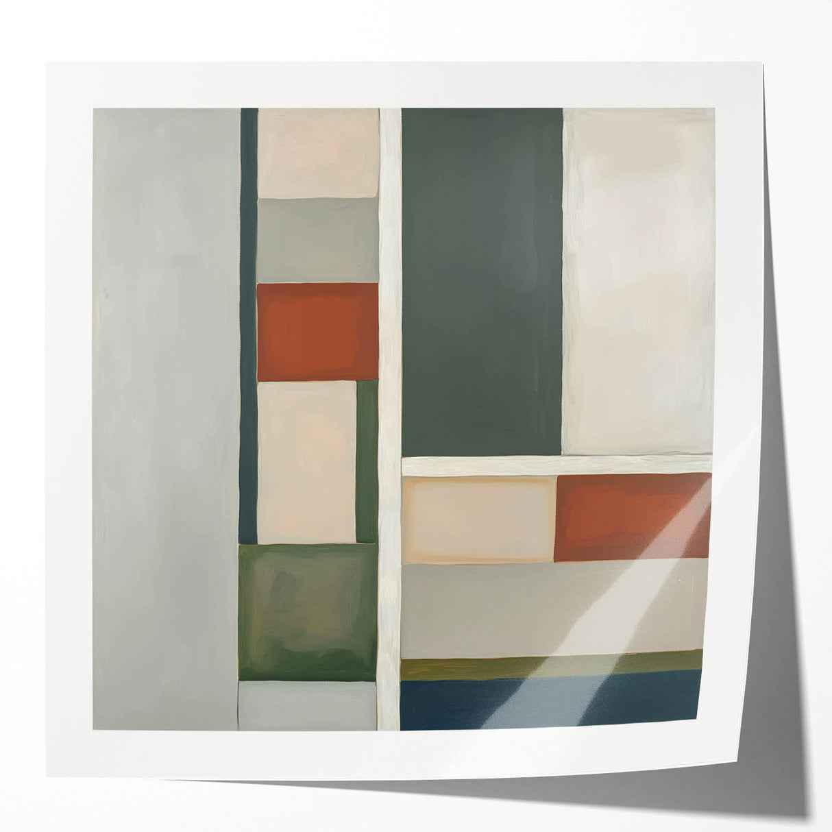 Abstract geometric wall art print featuring vibrant colors and sharp angles, displayed in a glossy finish, perfect for modern home decor.