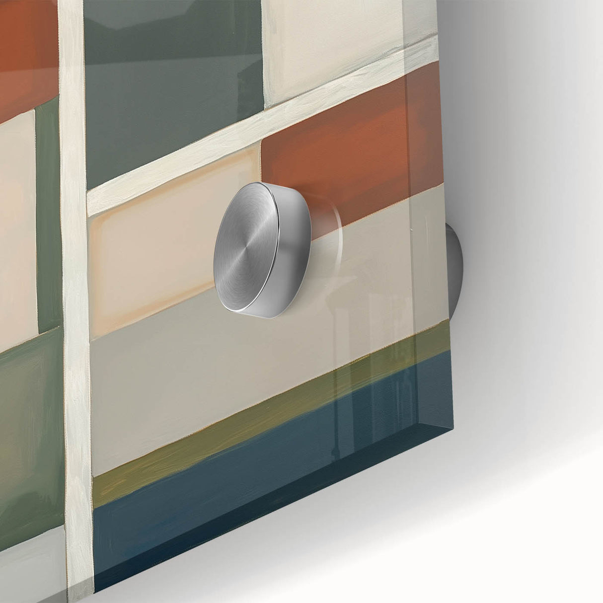 Close-up of a vibrant, abstract geometric design on acrylic glass, showcasing intricate patterns and bold colors of blue, yellow, and red, ideal for modern decor.