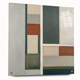 Abstract geometric acrylic glass artwork displayed at an angle, featuring vibrant colors and sharp lines, secured with stylish pins for a modern aesthetic.