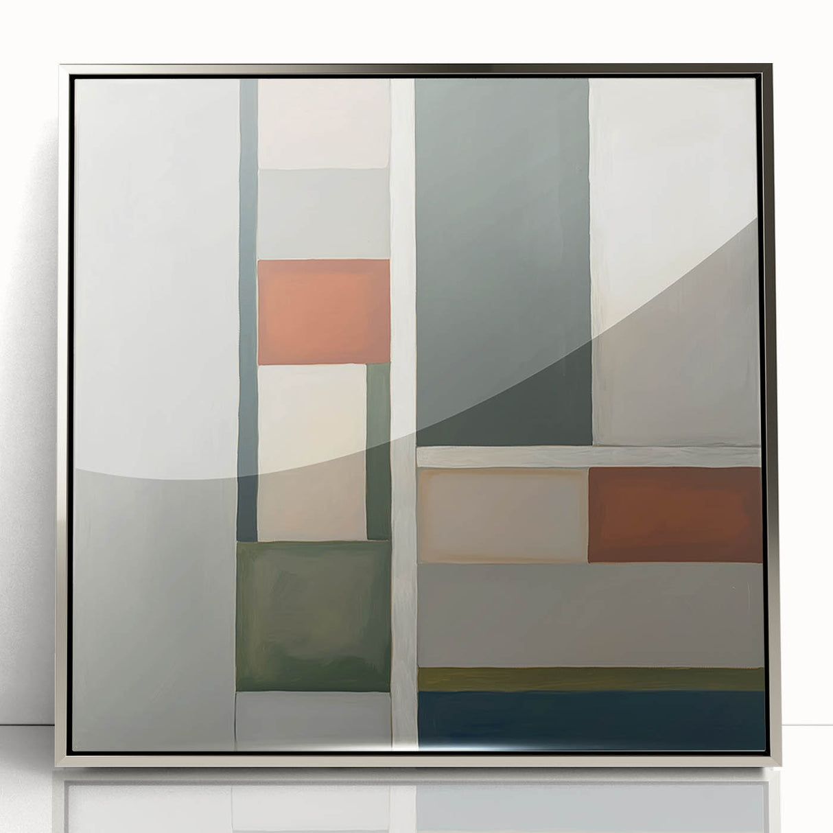 Abstract geometric framed acrylic artwork in silver tones, showcasing intricate shapes and patterns, ideal for modern home decor and artistic display.