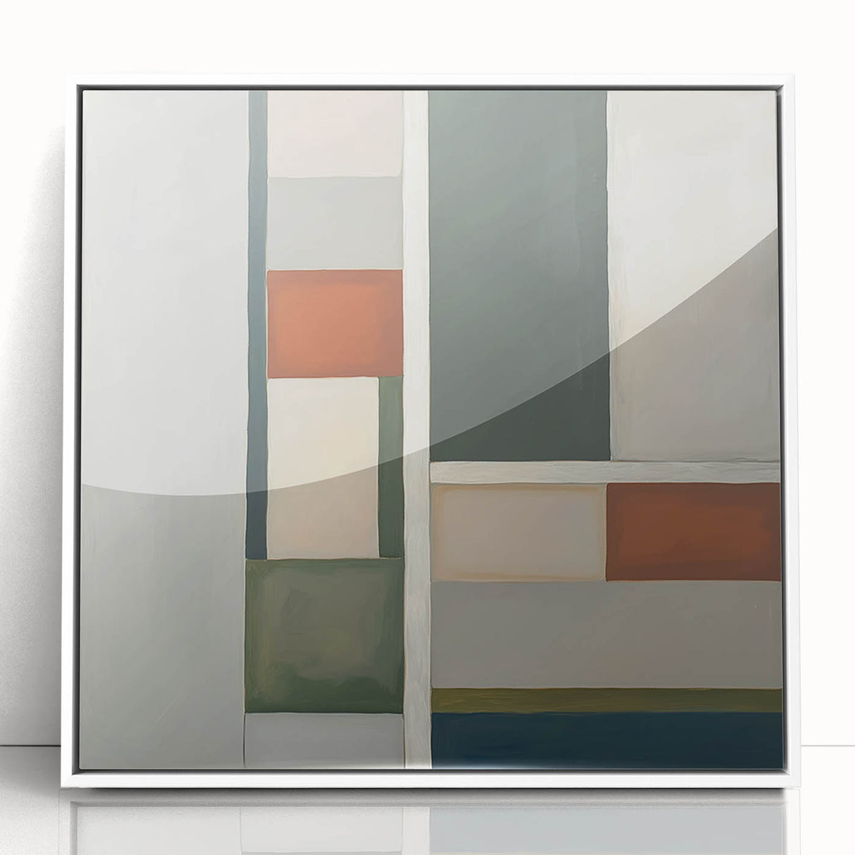 Abstract geometric framed acrylic artwork in white, showcasing vibrant colors and shapes, ideal for modern home decor. Perfect for enhancing contemporary interiors.