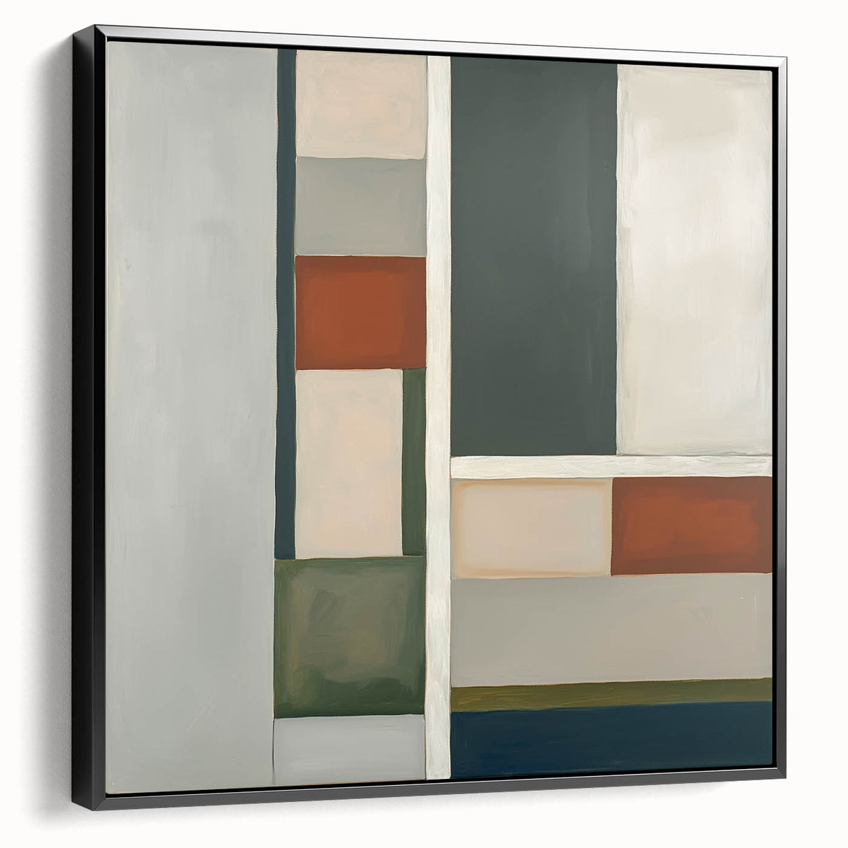 Framed canvas art displaying an abstract geometric design in black hues, showcased from a side view to highlight its sleek profile and modern aesthetic, perfect for contemporary home decor.