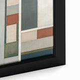 Close-up of a framed abstract geometric canvas artwork, showcasing vibrant colors and intricate shapes, perfect for modern home decor enhancement.