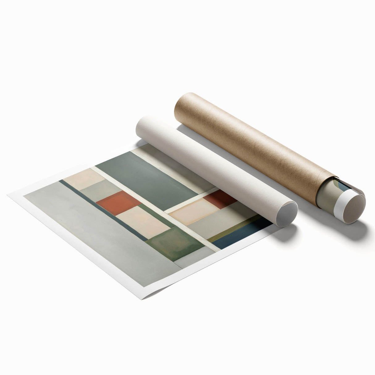 Abstract geometric rolled print featuring vibrant shades of blue and orange, showcasing intricate shapes and patterns, rolled for easy transport and display.