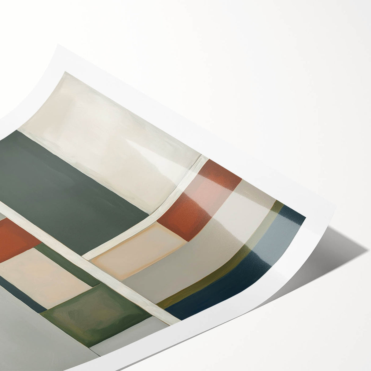 Abstract geometric rolled print showcasing vibrant colors and intricate patterns, elegantly packaged in a protective tube for easy display and shipping.