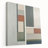 Abstract geometric stretched canvas artwork showcasing bold shapes and vibrant colors, ideal for modern decor. Side view emphasizes the canvas's depth and texture.