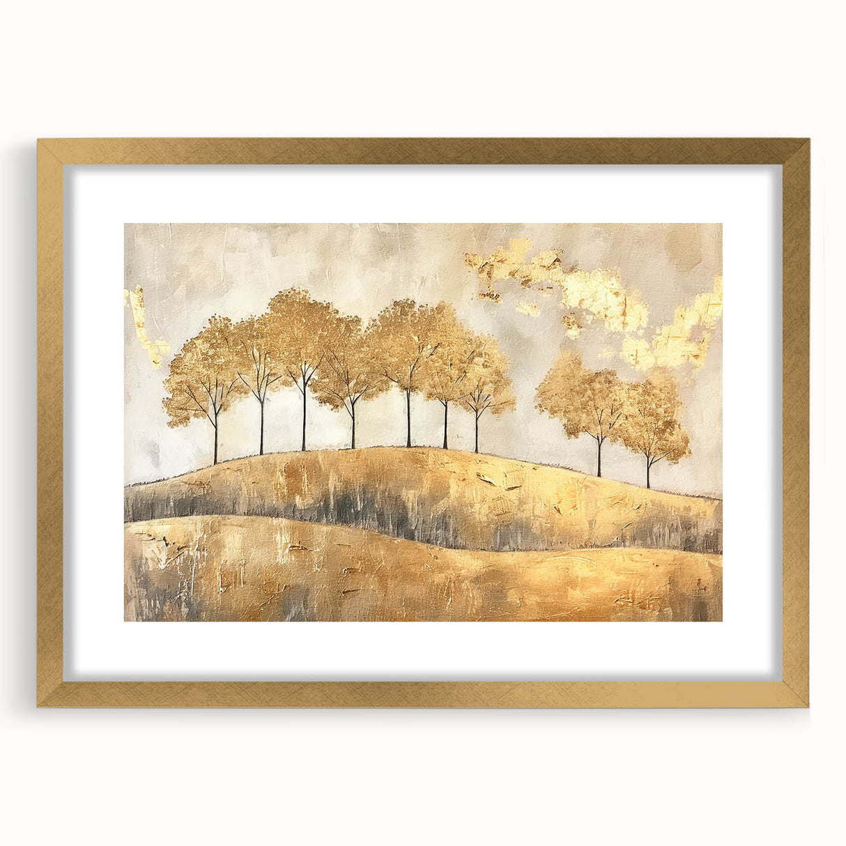 Abstract landscape wall art framed in gold, featuring vibrant colors and intricate textures, perfect for enhancing modern home decor aesthetics.