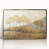 Framed abstract landscape wall art showcases a vibrant blend of gold and earth tones, perfect for modern home decor. Ideal for living rooms or offices, this acrylic piece adds elegance and warmth to any space.