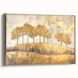 Framed abstract landscape wall art featuring a gold color palette, showcasing textured brushstrokes and contemporary design, perfect for modern decor.