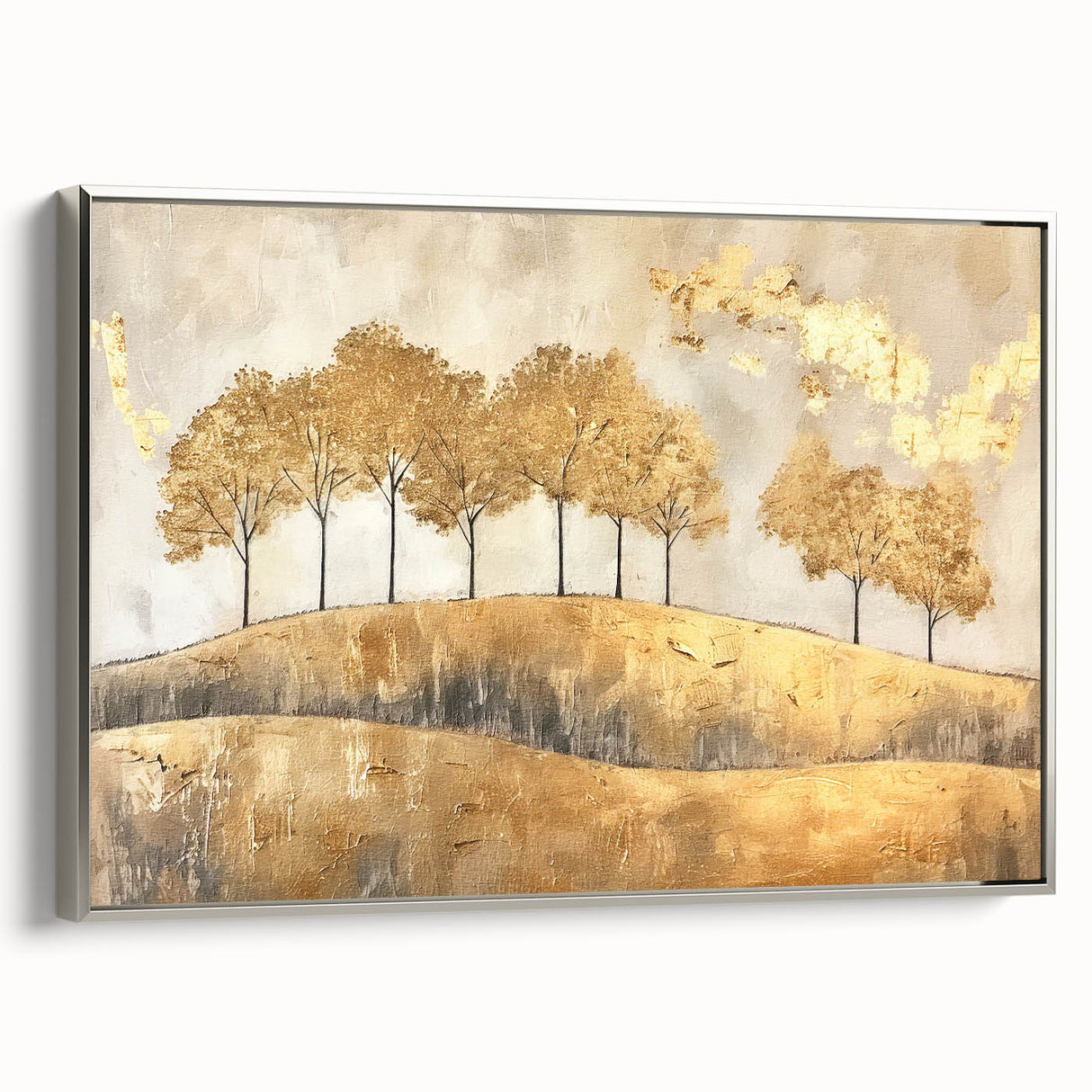 Framed abstract landscape wall art in silver tones, showcasing flowing shapes and textures, ideal for modern home decor. Perfect for adding elegance to any room.