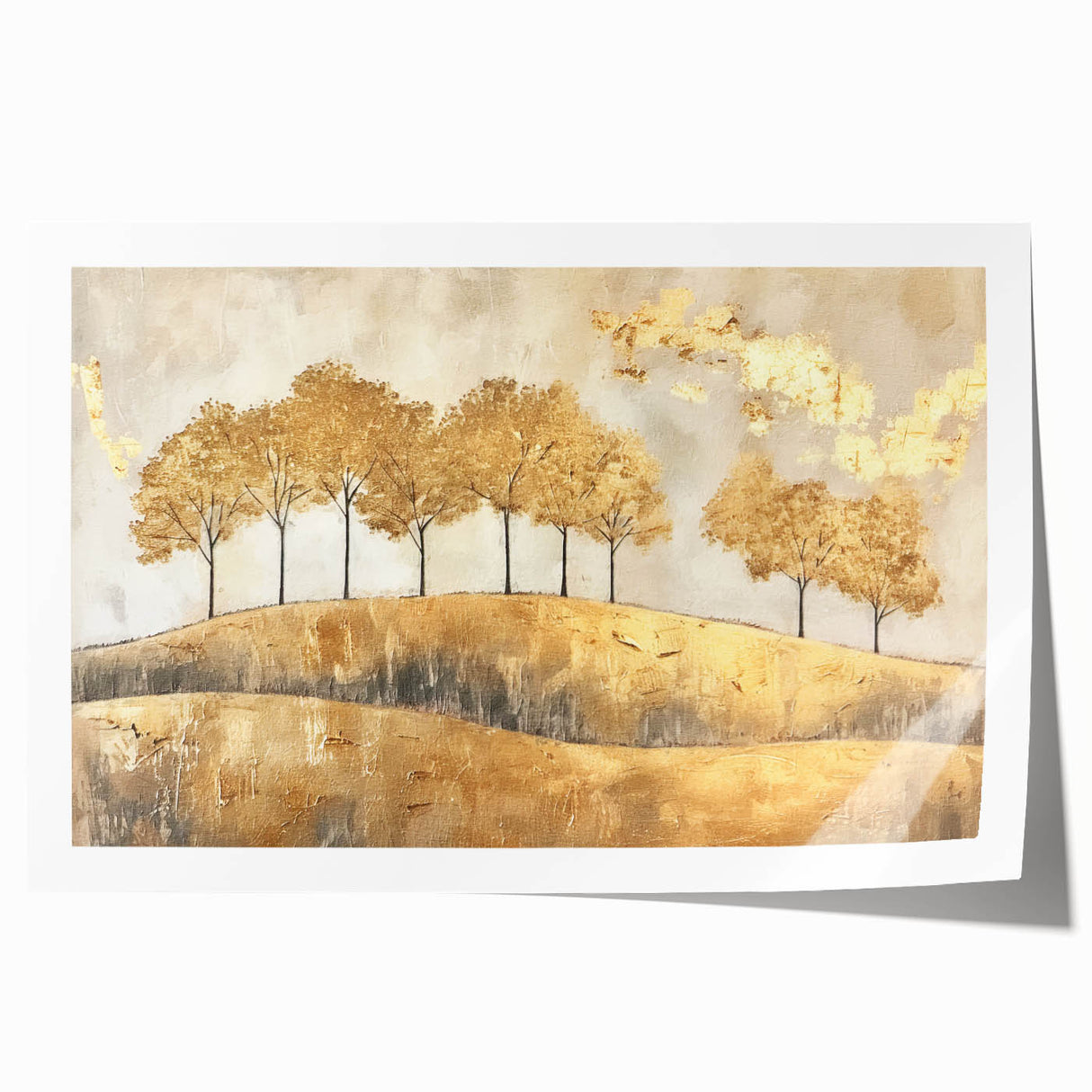Abstract landscape wall art print showcasing vibrant colors of blue, orange, and green, rolled and ready for display, perfect for modern home decor.