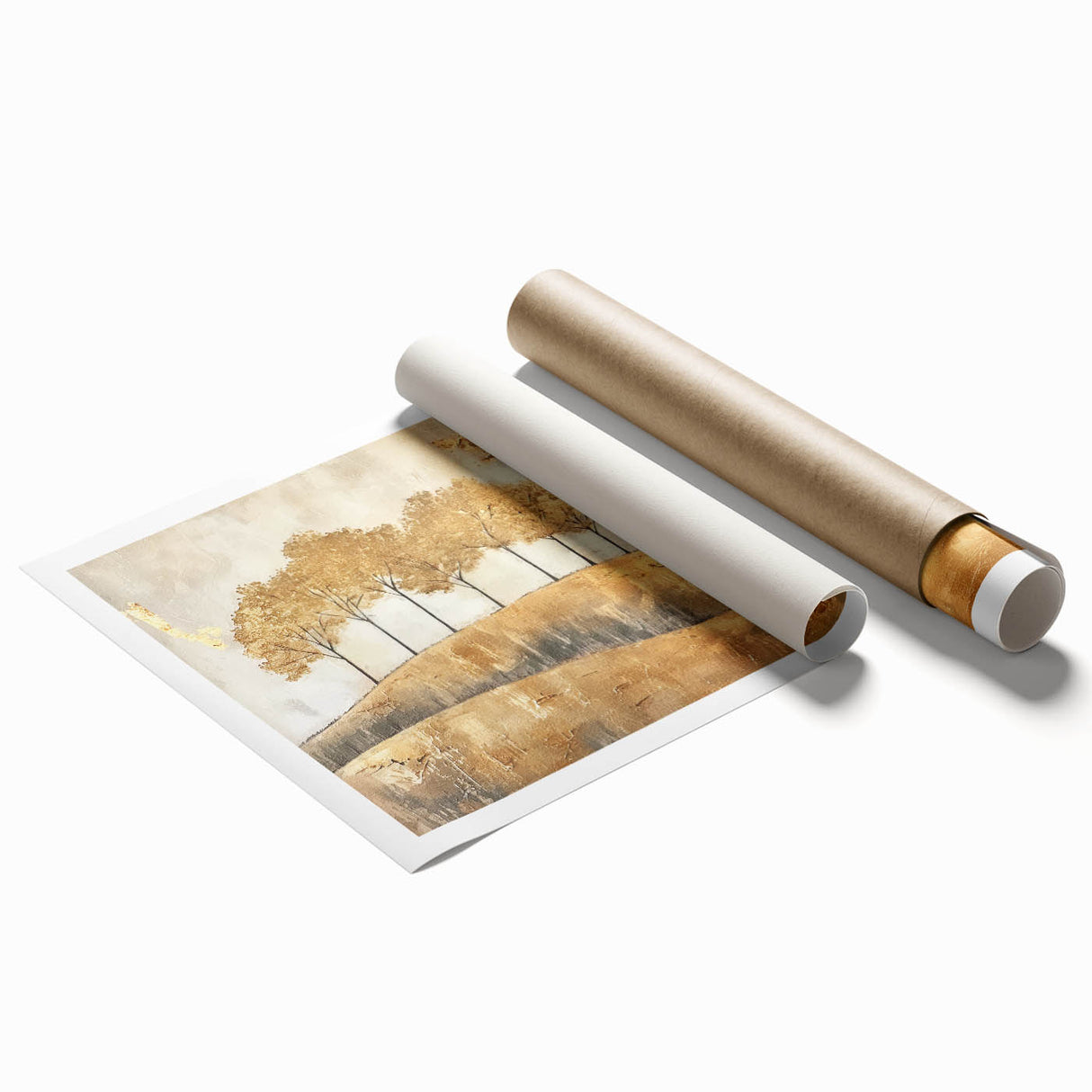 Abstract landscape wall art print showcasing vibrant colors and fluid shapes, elegantly rolled for easy display. Ideal for modern home decor or office aesthetics.