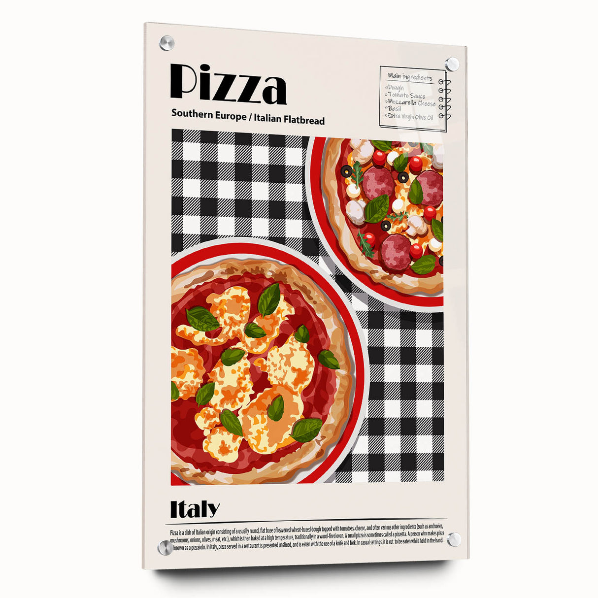 Acrylic print of various detailed food dishes in vibrant colors, suitable for dining room decor.