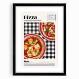 Extra large abstract art print featuring colorful, textured depictions of various food dishes on a black framed canvas.