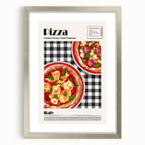 Textured abstract art print of various food dishes in muted earth tones, framed in silver, ideal for dining room decor.