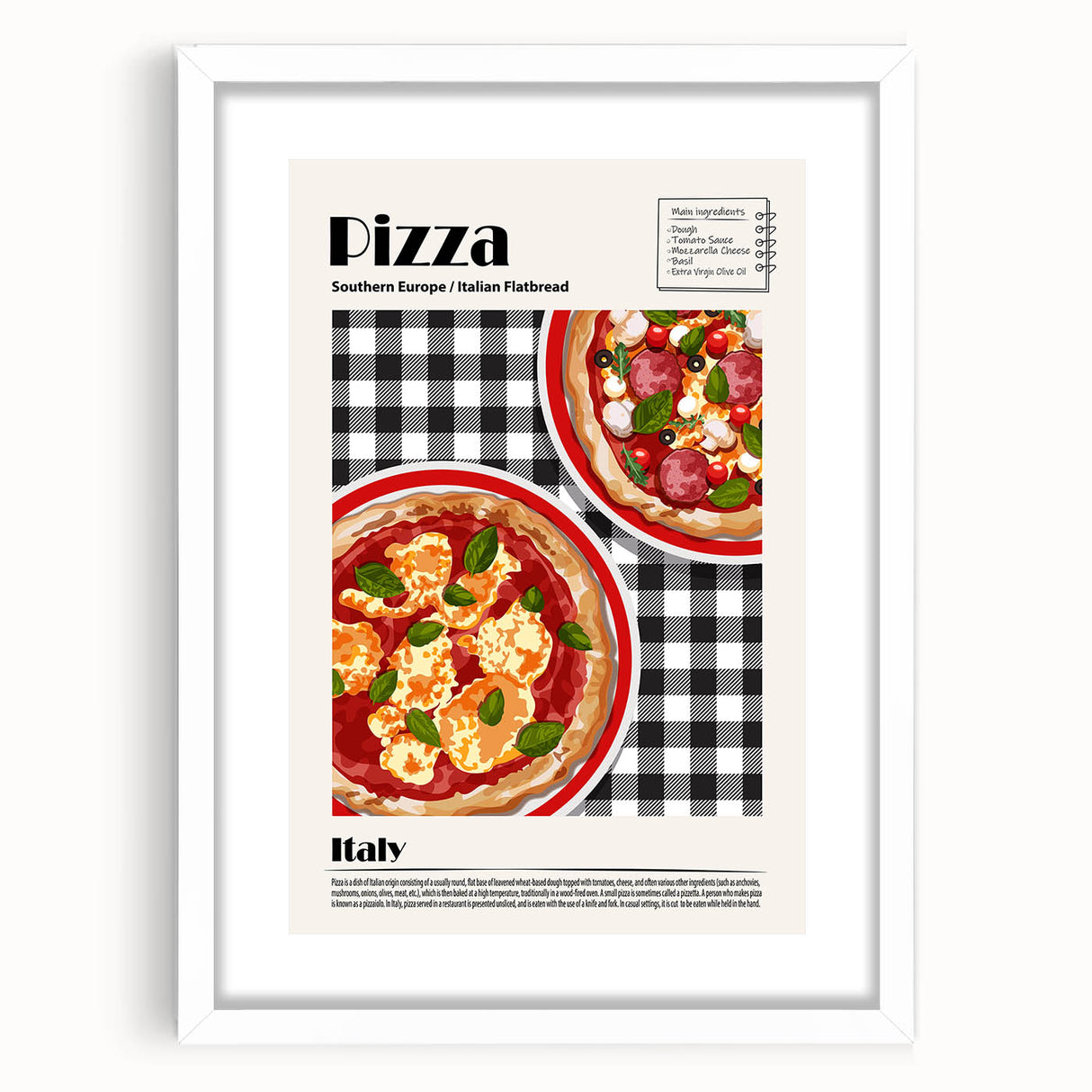 Abstract art print of assorted dishes in muted earth tones on a white framed poster, ideal for dining room decor.