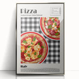 Mid-century modernist art featuring an array of colorful food dishes on a silver-framed acrylic print.