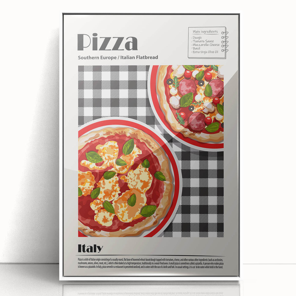 Modern art wall decor featuring a variety of colorful food dishes on a white acrylic framed poster.