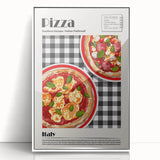 Modern art wall decor featuring a variety of colorful food dishes on a white acrylic framed poster.