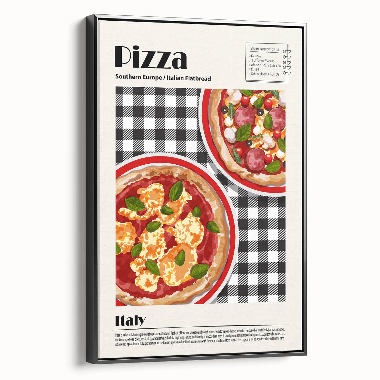 Black and white framed canvas featuring a vintage poster art of assorted dishes, ideal for bedroom wall art.