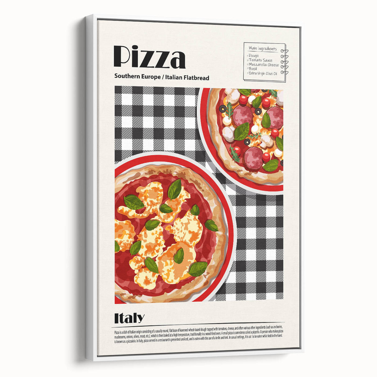 Extra large vintage poster art of colorful food dishes on a white framed canvas, ideal for living room decor.