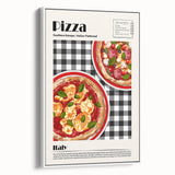 Extra large vintage poster art of colorful food dishes on a white framed canvas, ideal for living room decor.