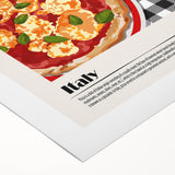 Art deco poster featuring assorted colorful food dishes on a rolled canvas, suitable for dining room wall art.