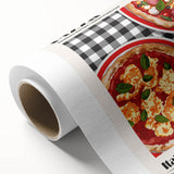 Art deco poster featuring an array of colorful food dishes on rolled canvas, suitable for dining room wall art.