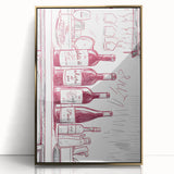 Large art print of a mid-century modernist food and drinks scene in gold tones, framed acrylic, ideal for kitchen wall decor.