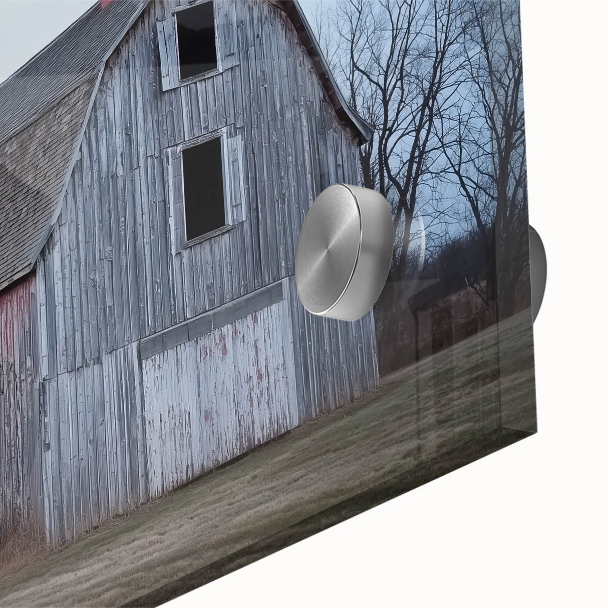 Close-up of a landscape barn acrylic glass design showcasing vibrant colors and intricate details, ideal for home decor or art enthusiasts. The image highlights the glossy finish and texture, enhancing visual appeal for contemporary interior settings.