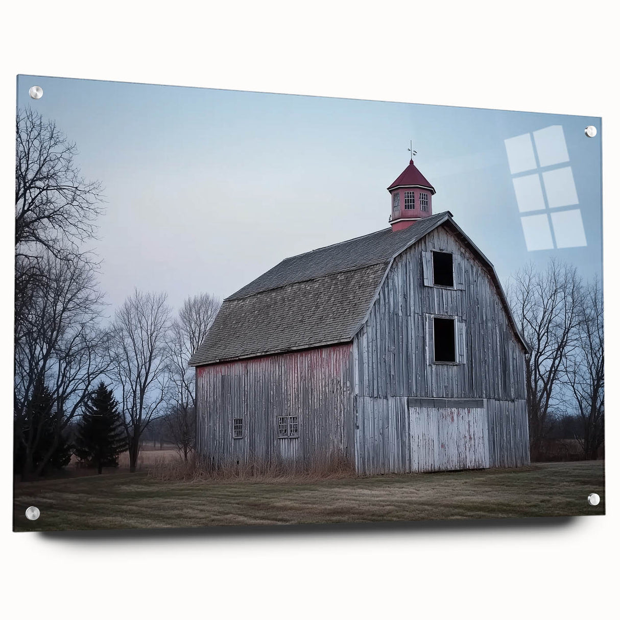 Acrylic glass side view of a landscape barn design featuring vibrant colors and intricate details, displayed with pins for mounting. Ideal for rustic decor enthusiasts.
