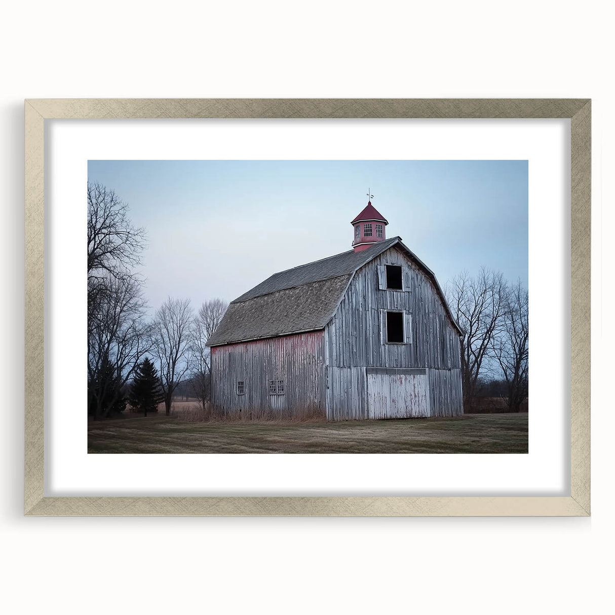 Landscape barn frame in silver with a mat, showcasing a front view of its elegant design, perfect for enhancing home decor and art displays.