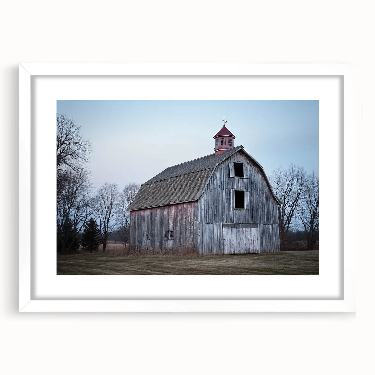 Barn frame with a white mat showcasing a landscape design, perfect for home decor. The frame's elegant design complements various interior styles and enhances any artwork displayed.