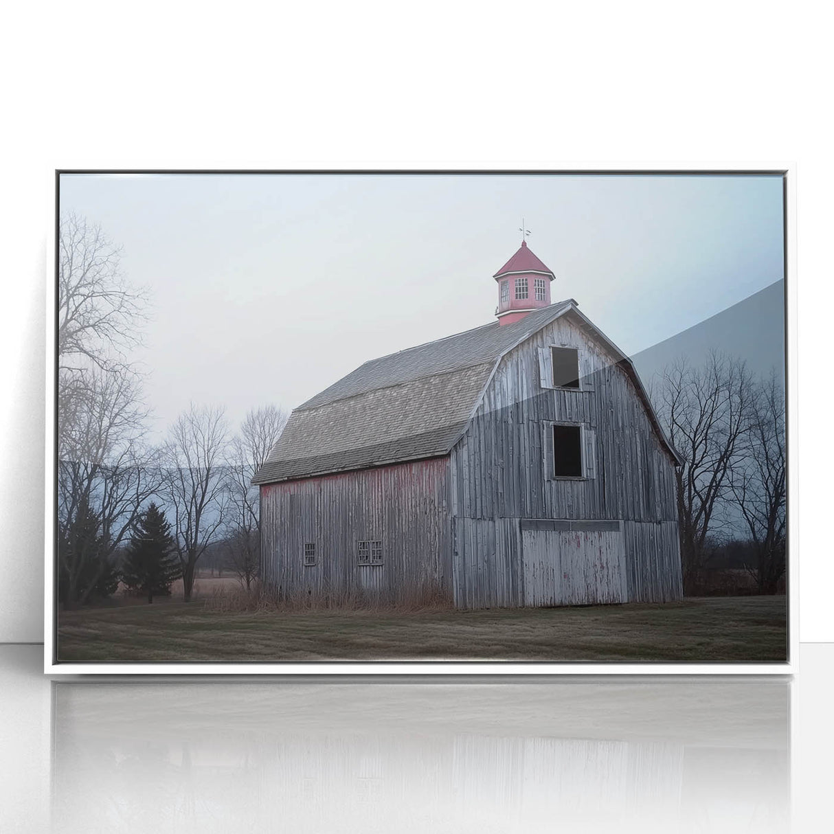 Framed acrylic landscape artwork of a serene barn scene, showcasing vibrant colors and intricate details, ideal for rustic home decor or art enthusiasts.