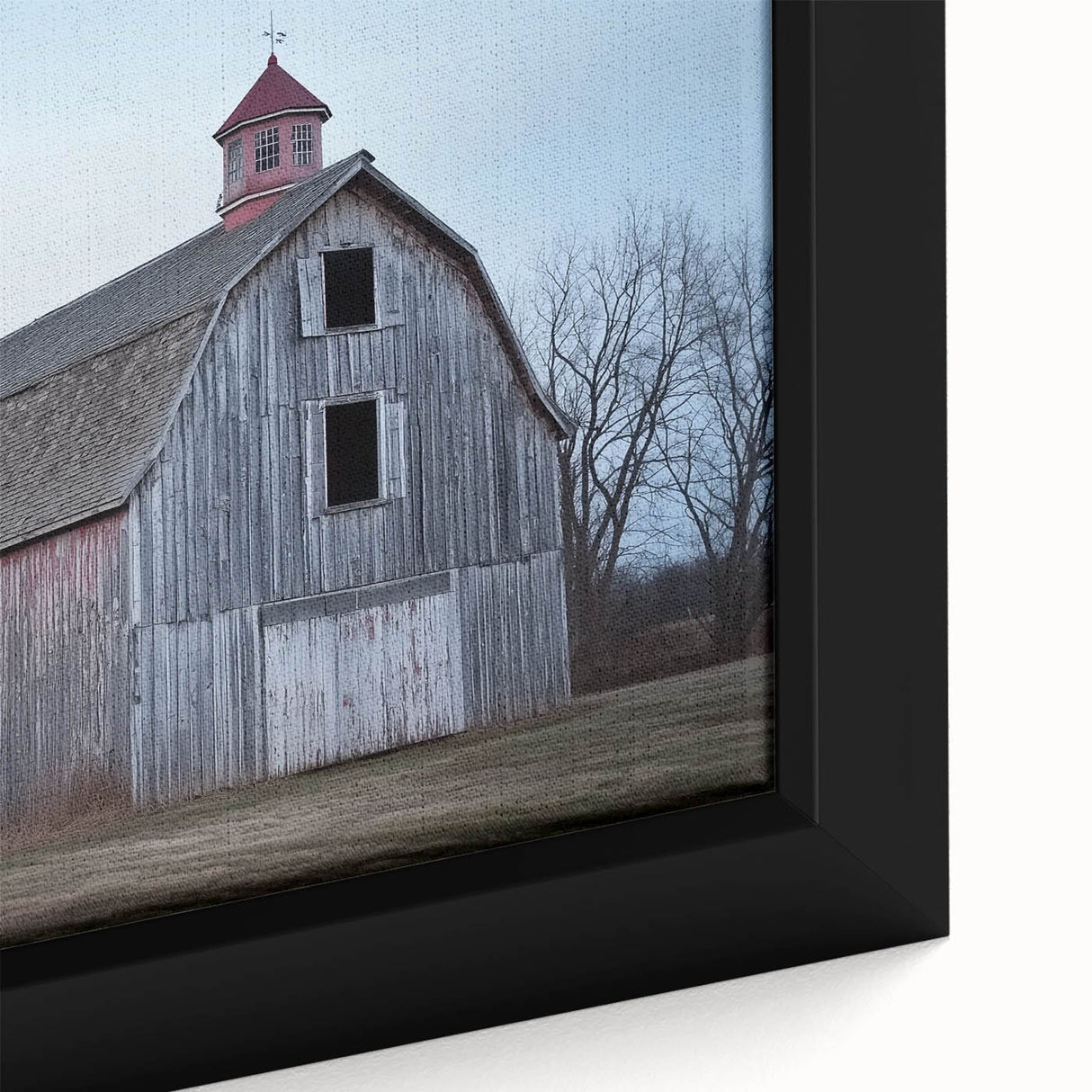 Close-up of a landscape barn-themed framed canvas showcasing vibrant colors and detailed textures, ideal for rustic home decor and art enthusiasts.