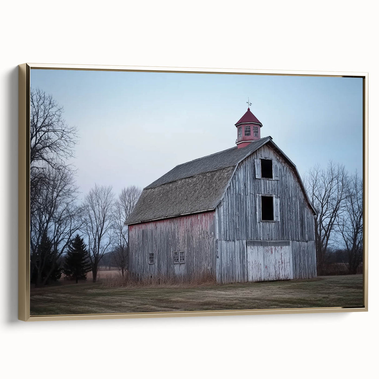Elegant gold-framed landscape barn canvas art showcasing a serene rural scene, ideal for home decor or office ambiance, emphasizing rustic charm and warmth.