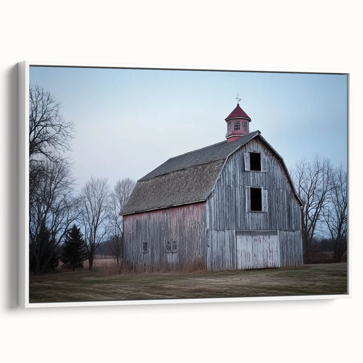 Landscape barn-themed canvas print framed in white, showcasing rustic charm with warm earthy tones and detailed textures, perfect for home decor enhancement.