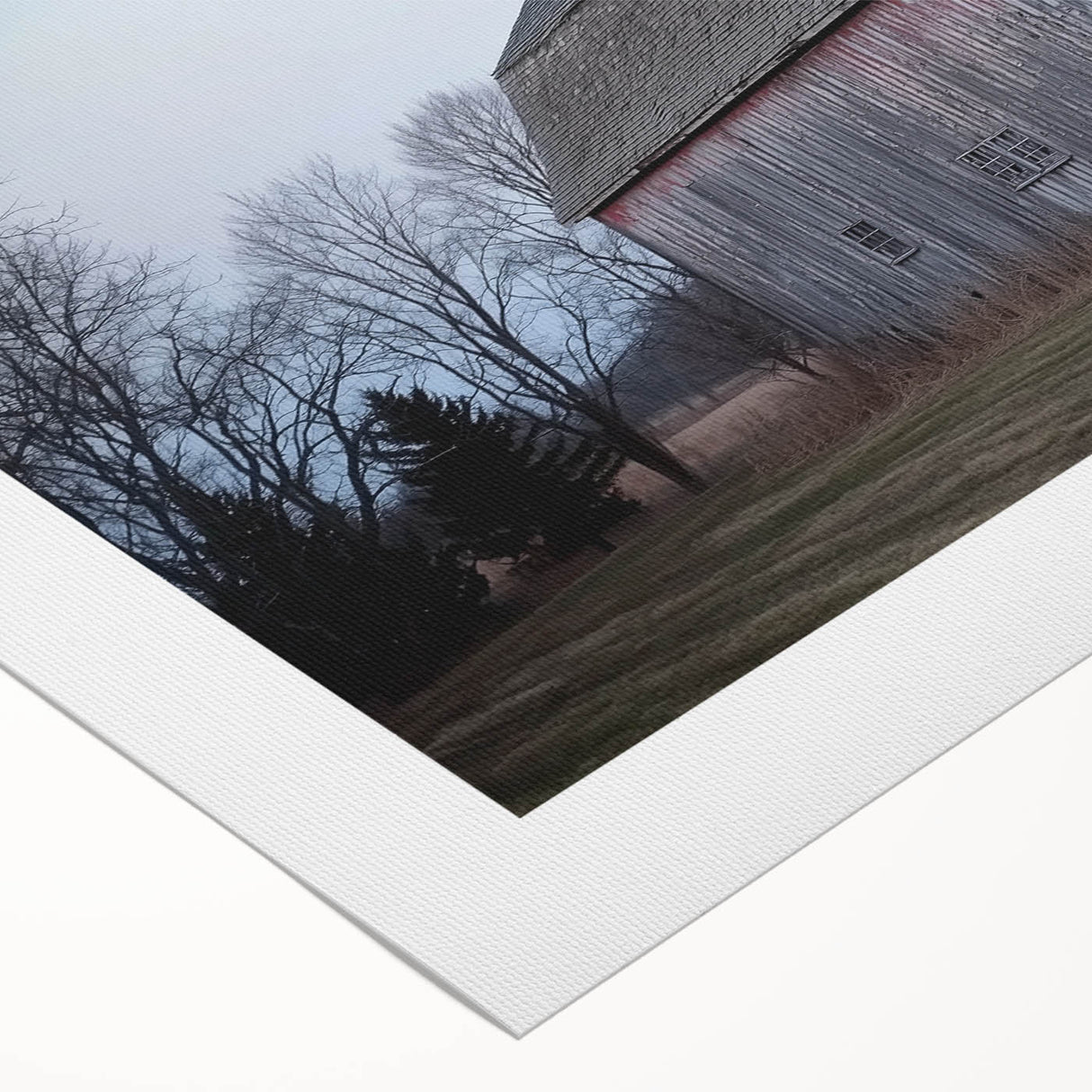 Rolled canvas showcasing a vibrant landscape barn scene, featuring rich colors and intricate details, securely packaged in a protective cardboard tube for delivery.