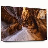 Acrylic landscape artwork depicting vibrant canyons in rich colors, displayed with metallic pins against a neutral backdrop, enhancing its modern aesthetic.