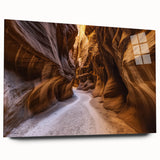 Acrylic glass wall art showcasing a stunning landscape of canyons, highlighting vibrant colors and intricate details, ideal for modern home decor. The side view displays its sleek design and absence of pins, emphasizing its contemporary aesthetic.