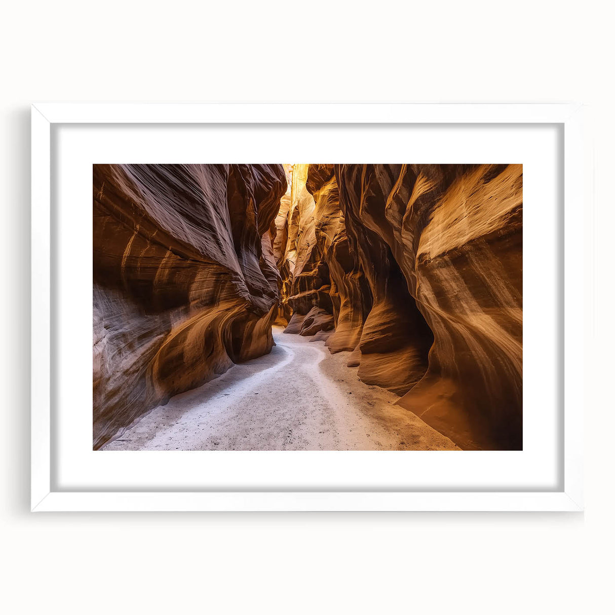 Landscape artwork depicting vibrant canyons in warm tones, elegantly framed with a white mat for a modern touch, ideal for enhancing home decor.